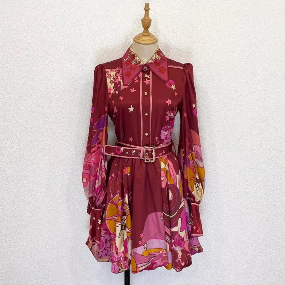 Zimmermann concert bubble belted printed silk mini dress